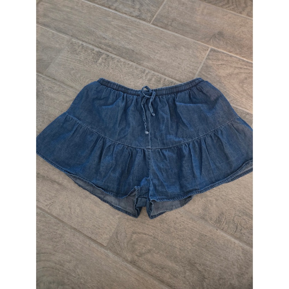 StarkX Blue Chambray Tiered Ruffle Shorts Womens Small Elastic Drawstring 3105X